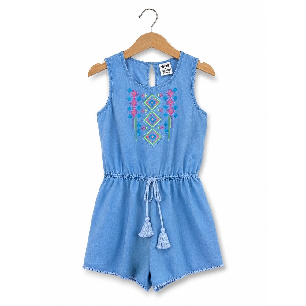 Belle du Jour Girls Romper Size M Light Blue Embroidered Tribal Neon Tassels